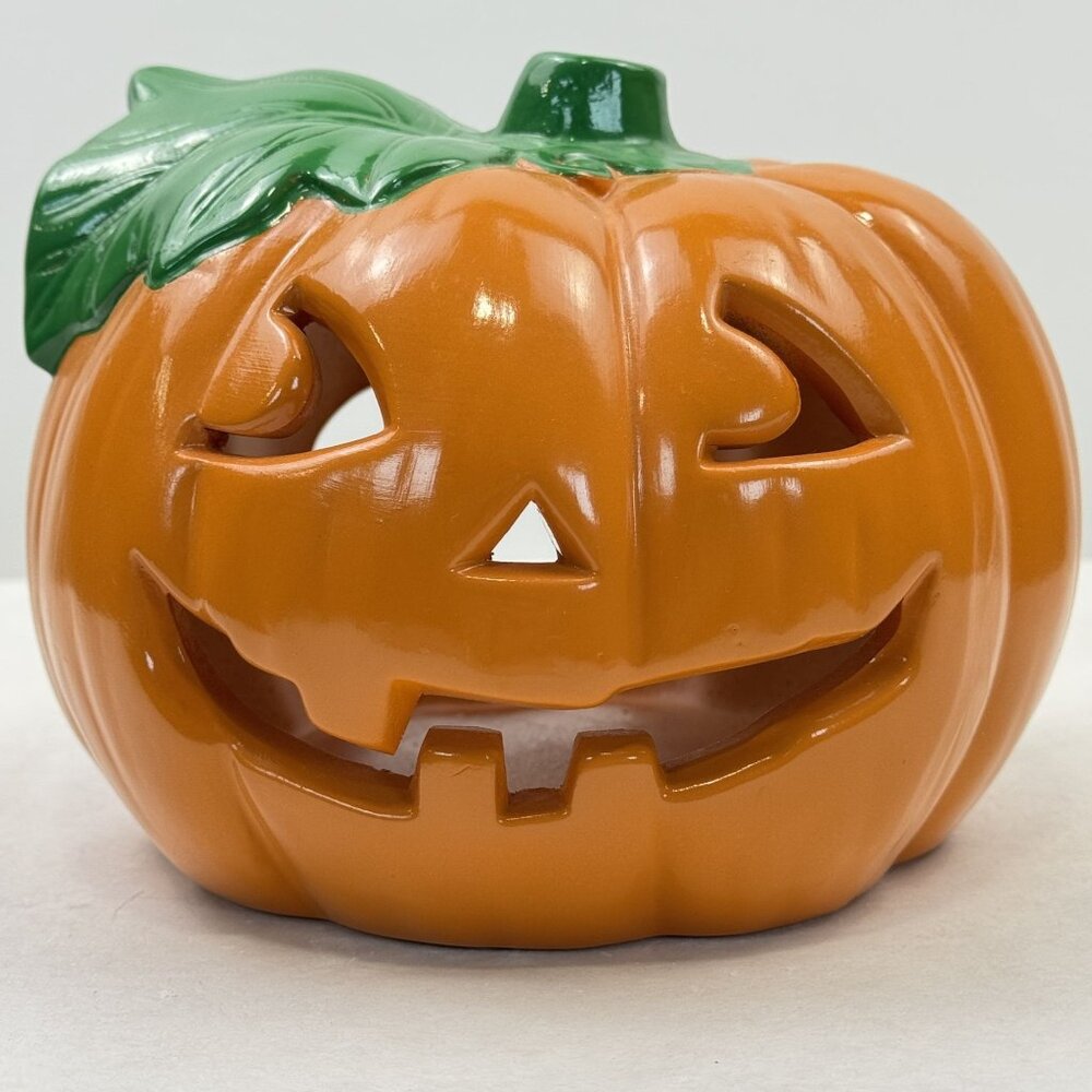 Vintage 1988 Flambro Ceramic Jack OLantern Pumpkin Tealight Candle Holder #1542A
